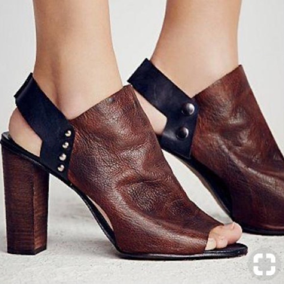 Free People Chocolate Brown/Black Leather Peep-toe Slingback with Wooden Heel 37 - Picture 3 of 12